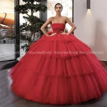 Красное бальное платье без бретелек, бальные платья, Тюлевое со складками, многослойная юбка с аппликацией, со шнуровкой на спине, милые вечерние платья для выпускного вечера 16