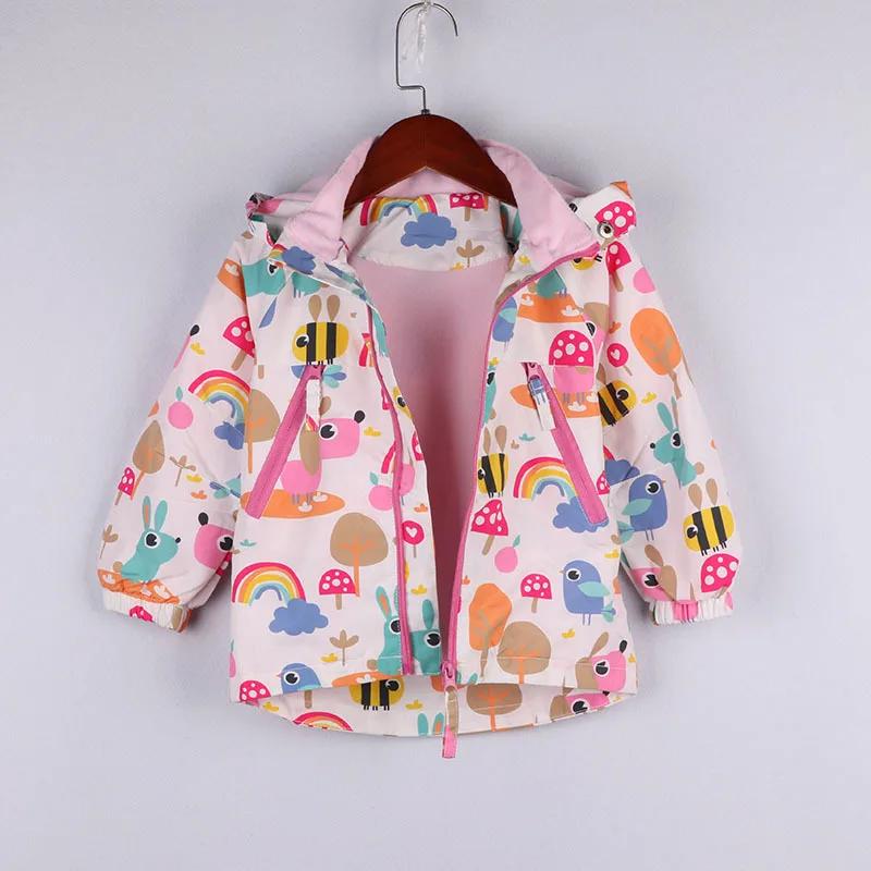 

2019 European And American-Style Spring New Powder White Cartoon Animal Pattern Printed Hooded Raincoat Jacket Girls Coat