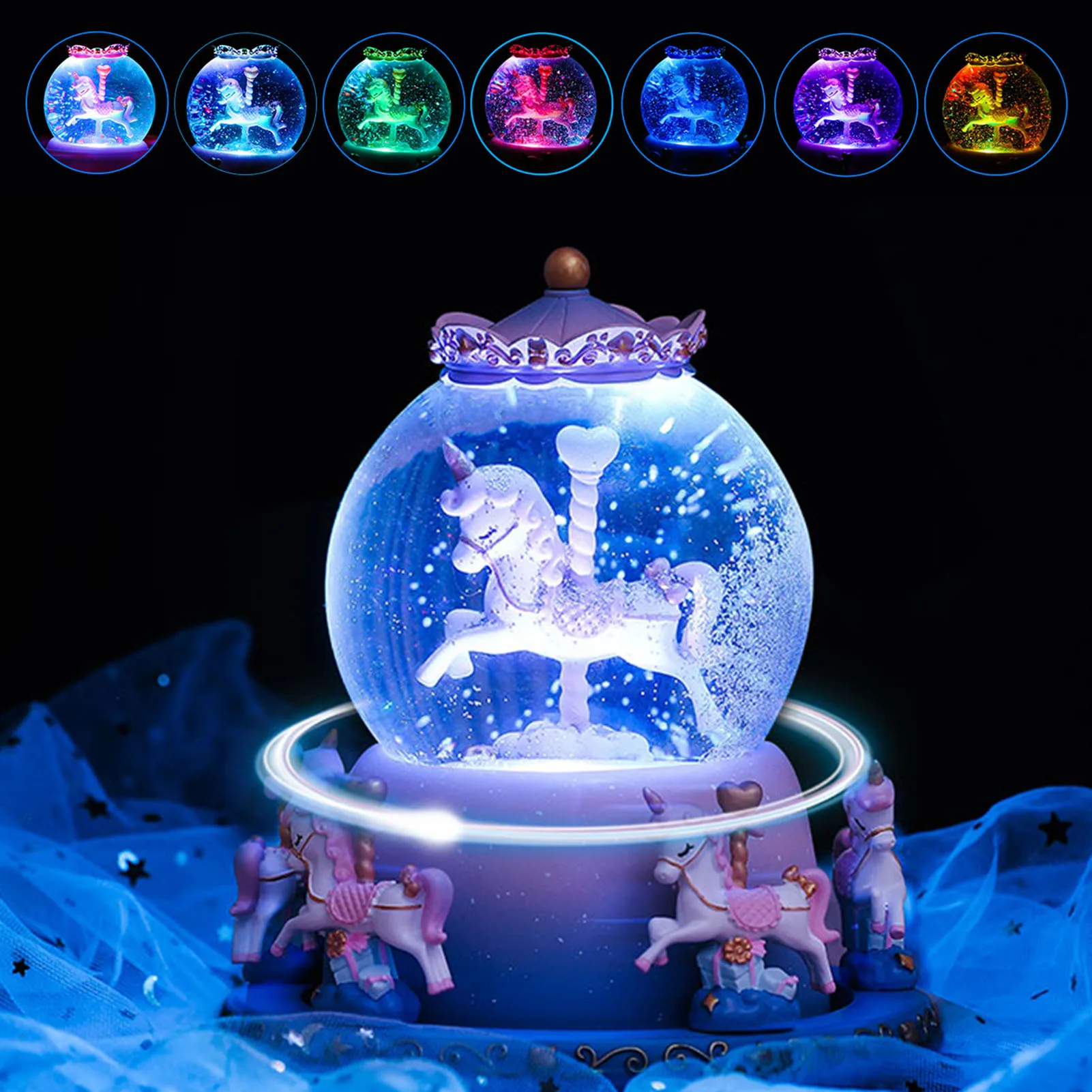 Simpatico Unicorno Rotante allInterno Palla di Neve Musicale per Bambini Decorazione per la casa Ragazza-Rosa Carillon in Resina con Melodia 