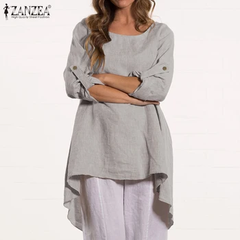 

ZANZEA 2020 Fashion Women Blouses Spring High Low Cotton Tops Casual Solid O Neck Shirts Vintage Loose Blusas Chemise Plus Size
