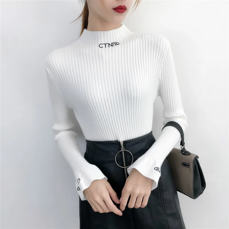 

2019 Autumn Winter Women Knitted Sweaters Pullovers Turtleneck Long Sleeve Solid Color Letter Slim Elastic Female Sweater 351#