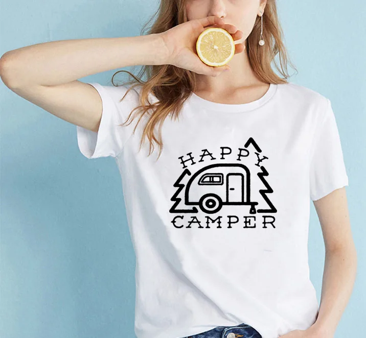 HAPPY CAMPER Графические футболки для женщин Сезон лето Футболки с круглым вырезом и