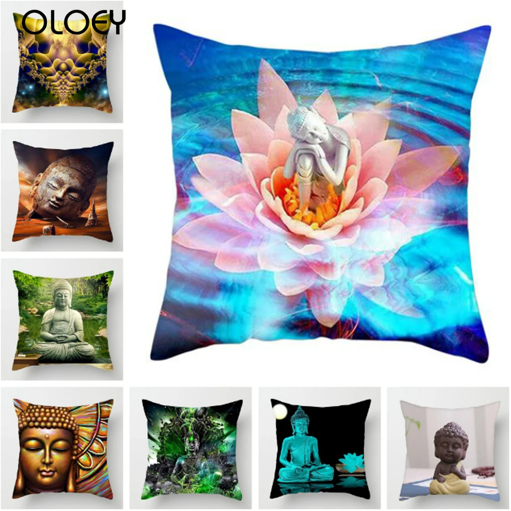 BuddhaStatuePrintedPolyesterPillowCoverBuddhismCushionCover