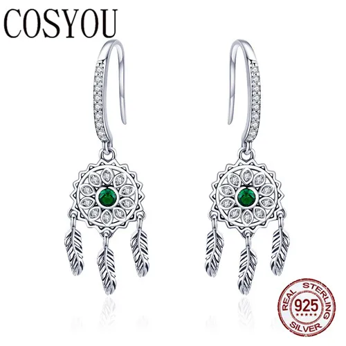

COSYOU Authentic 925 Sterling Silver Vintage Dream Catcher Green CZ Drop Earrings for Women Sterling Silver Jewelry Gift SCE441
