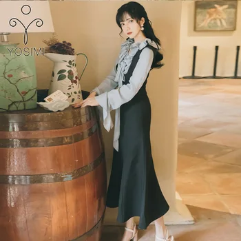 

YOSIMI 2019 Spring Autumn Maxi Women Evening Party Retro Blouse Shirt and Strap Dress 2 Piece Outfits Top and Dresses Set Black