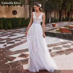 Boho Flowers A-line Wedding Dress Backless Classy V-neck Bride Dresses Tank Sleeve Tulle Lace Bridal Gown Vestidos De Novia