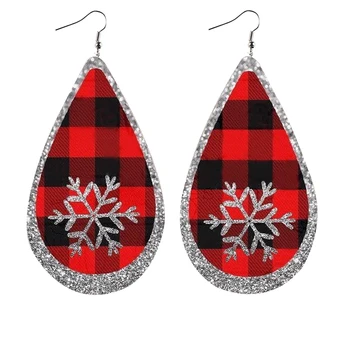 

Stock Christmas Buffalo Plaid Glitter Snowflake Faux Leather Earrings Layered Lightweight Leaf Teardrop Earrings Gifts New