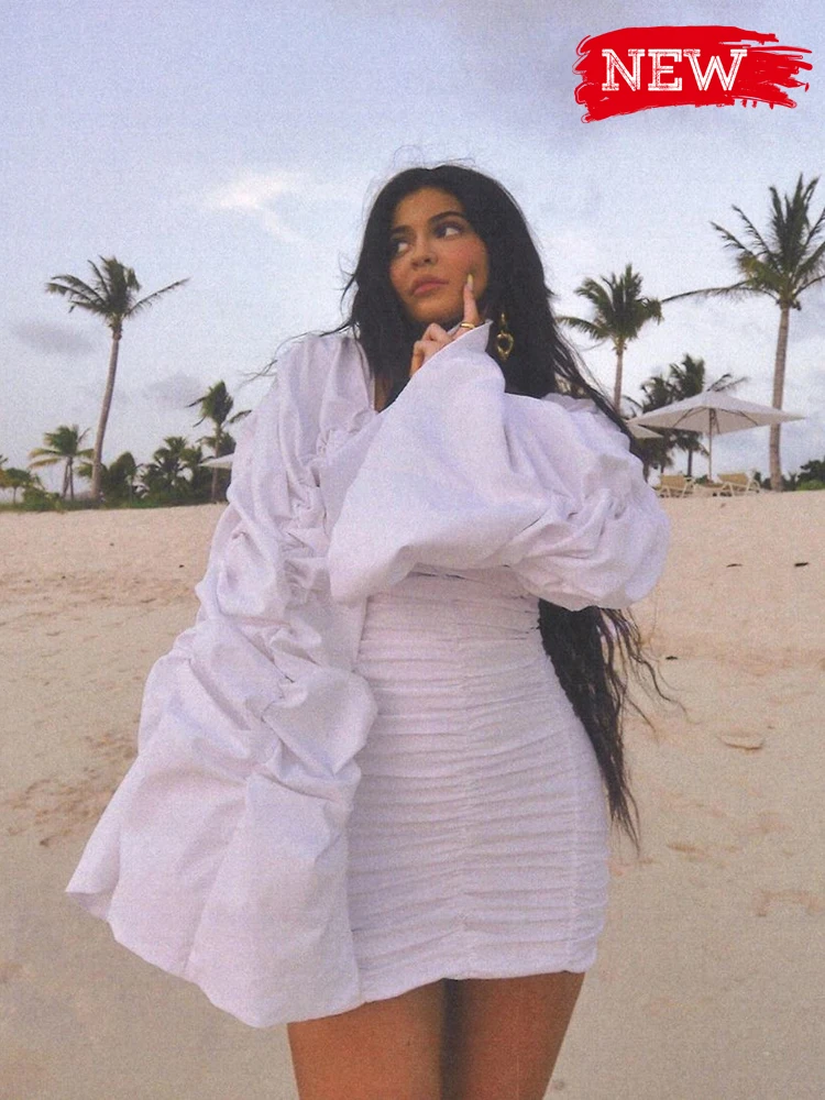Зимнее белое шелковое платье с рюшами для Kyliejenner, длинные рукава, мини вечерние женские платья, новинка