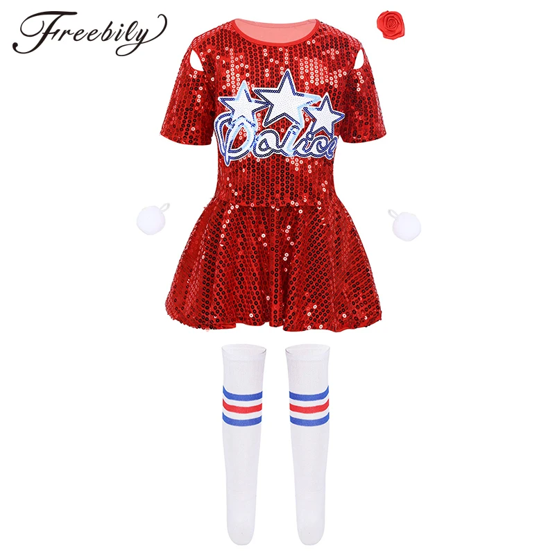 Child Girls Hip-hop Jazz Stage Dance Costume Cheerleading Outfit Sequins Crop Top +Skirt Shorts Flower Socks Set Kids Wear |