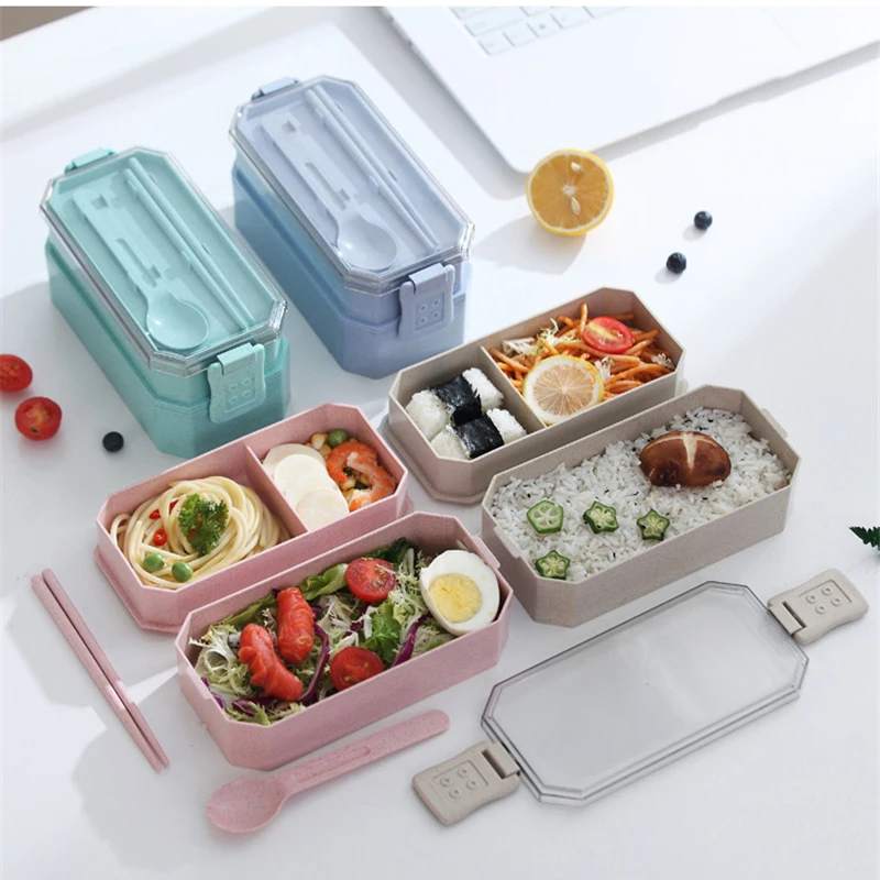800ml Wheat Straw Double Layers Lunch Box With Spoon Healthy Material Bento Boxes Microwave Food Storage Container Lunchbox