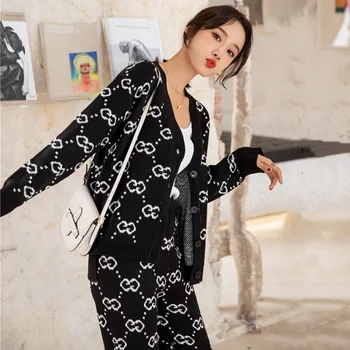 Image of Autumn and Winter New Women's Loose Knit Sweater Pants Thickened Sweater Suit