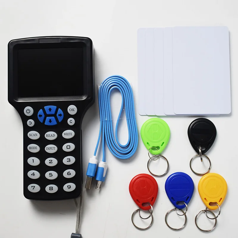 

English 10 Frequency RFID Copier 125KHz Key fob Access Control Card Reader Writer 13.56MHz Encrypted Programmer USB UID Copy Tag