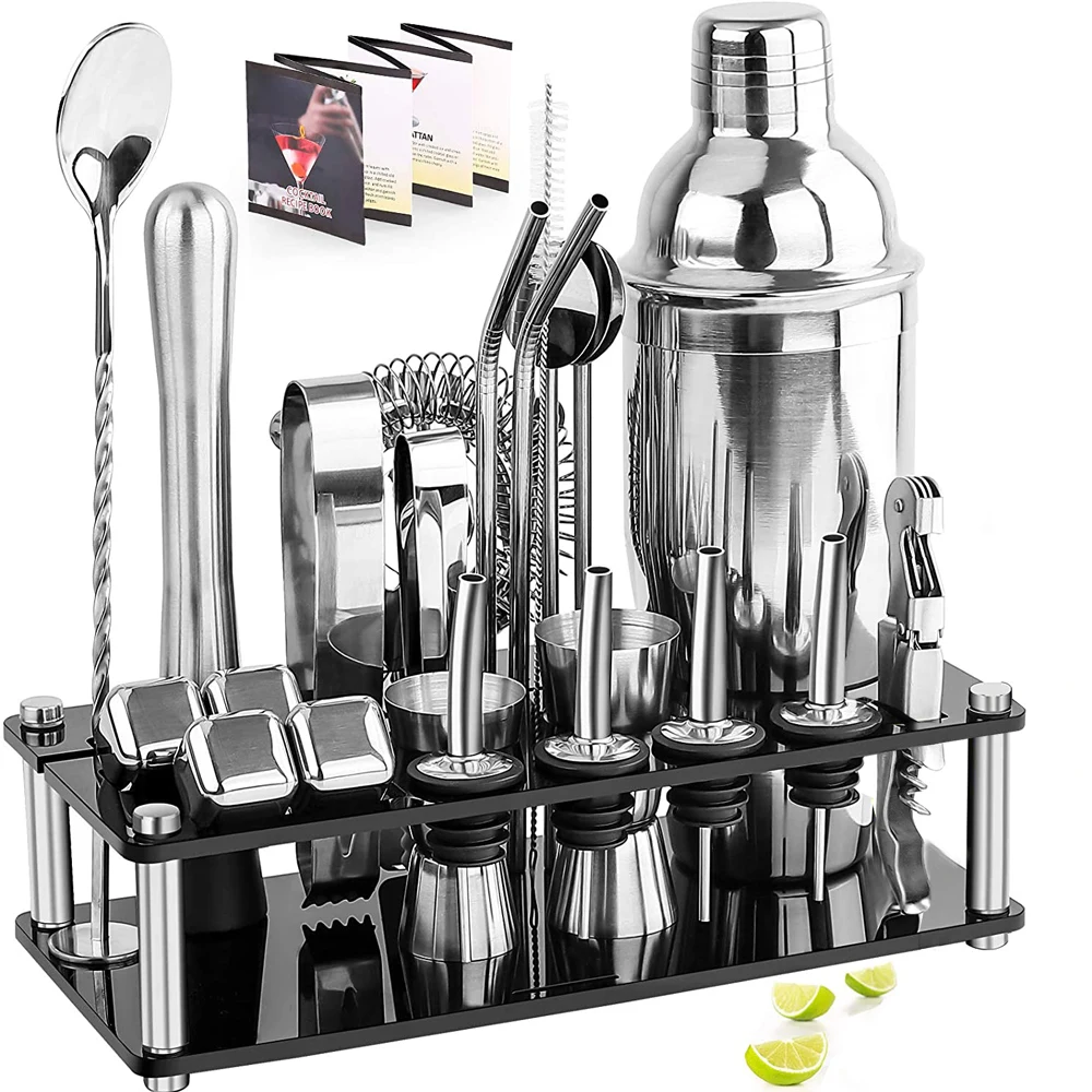 Bartender Kit Boston Cocktail Shaker Set With Acrylic Stand Stainless Steel Ice Cube For Mixed Drinks Martini Bar Tools Set