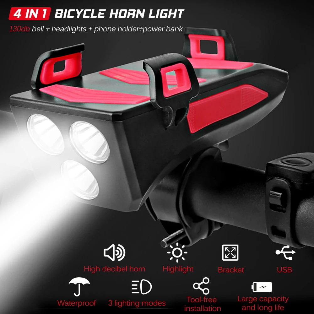 4 IN1 Bike Light USB Bicycle Horn Lamp with Mobile Phone Bracket 250 Lumens Bike Flashlight Cycling Headlight 3 Lighting Modes