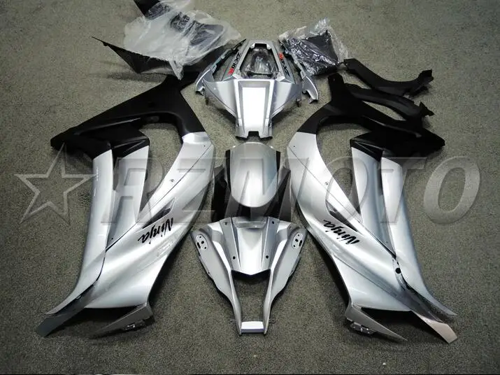 Новая(литья под давлением) ABS полный комплект обтекателей подходит для Kawasaki Ninja ZX-10R ZX10R 2011- для детей 11, 12, 13, 14, 15, Обтекатели серебристо-черного цвета