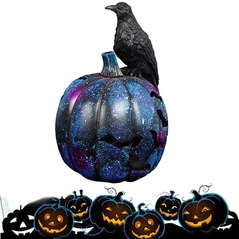 

3D Hollow Bat Crow Pumpkin Statues Sculptures with Night Light Lamp Halloween Decoration Crafts Bar Party Home Decor Statue