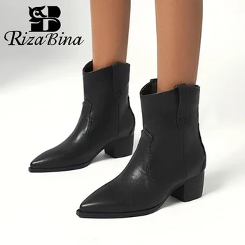 

RIZABINA Ankle Boots For Ladies Fashion Pointed Toe Boots Women Keep Warm With Fur Square Heels Casual Winter Boots Size 34-47