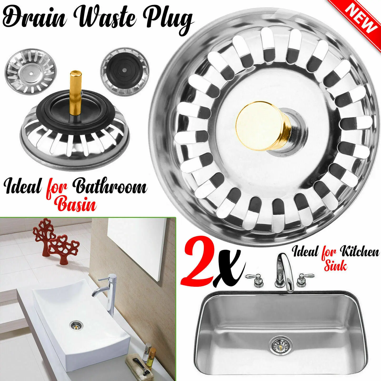 1x Premium Kitchen Sink Replacement Drain Waste Plug Basin Strainer Drainer 78mm Strainer Hole Drain Filter Trap Metal Sink