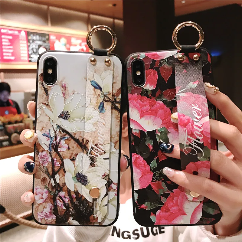 Wrist Strap For IPhone 7 8 6S Plus Phone Case Vintage Rose Wristband Flower Cases for Iphone 11pro X XR XS MAX Soft Covers |