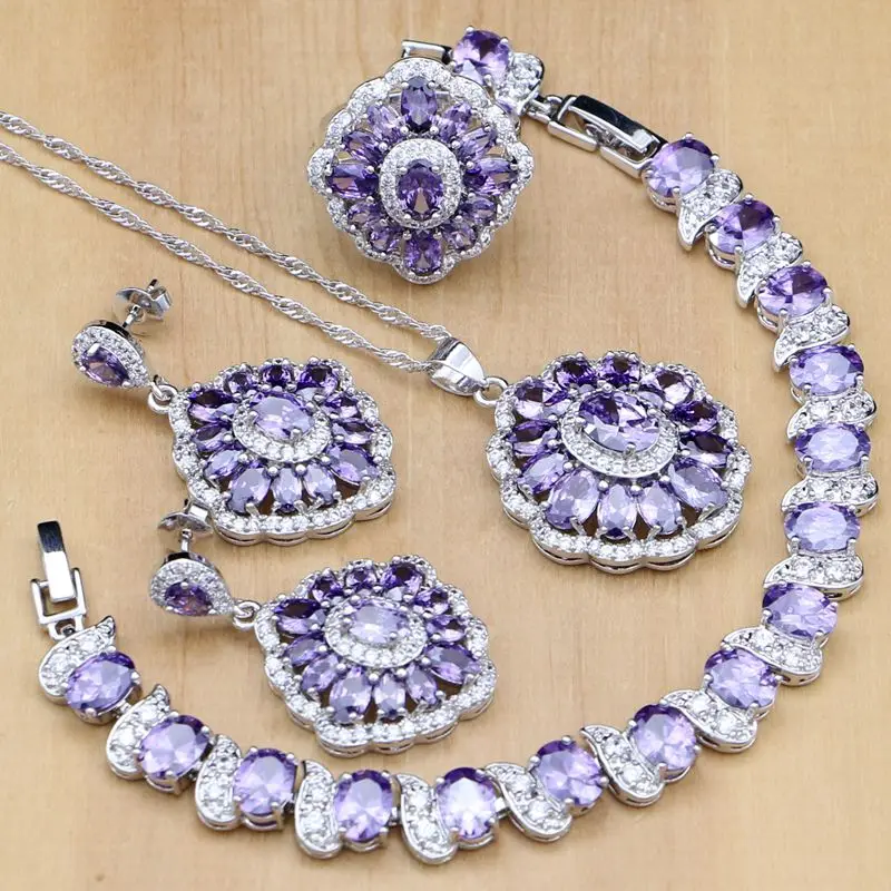 

925 Silver Bridal Jewelry Purple CZ White Zircon Jewelry Sets For Women Wedding Earrings/Pendant/Ring/Bracelet/Necklace