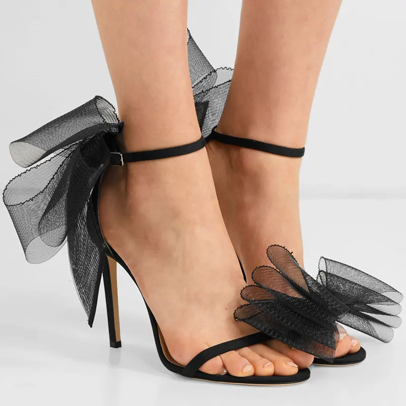 

Satin Shoes Woman Sweet Big Bow Knot Elegant Ankle Strap Party Shoes Black High Heels White Wedding Shoes Open Toe Shoes