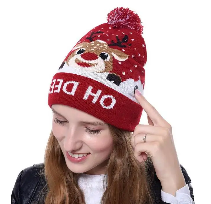 

Christmas Fashion Led Knitted Hat Fashion Xmas Caps Light-up Beanies Hats Outdoor Light Pompon Ball Ski Cap Party Hats Wholesale
