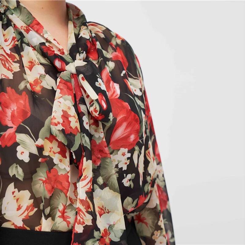 Шеин размера плюс, разноцветная шифоновая блузка с цветочным принтом и завязками на шее, женская элегантная Осенняя офисная блузка с рюшами, Женские топы и блузки