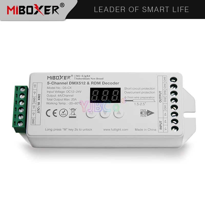 

Miboxer D5-CX 5-Channel Constant Voltage DMX512 & RDM Decoder DC12~24V 5CH 4A/Channel Max. 20A Digital Display controller