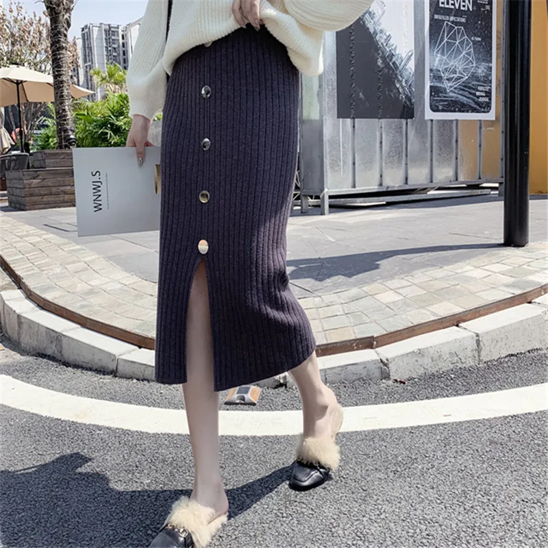 

Large size M-4XL Plus size autumn and winter knitted wool skirt in the long section fat mm200 kg front split breasted skirt