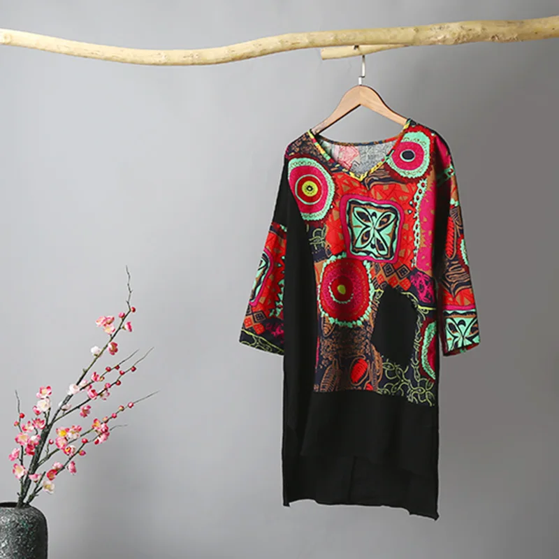 Женское льняное Хлопковое платье 3XL 4XL 5XL размера плюс, винтажное платье с принтом, v-образный вырез, половина рукава, неровный разрез, ретро платье