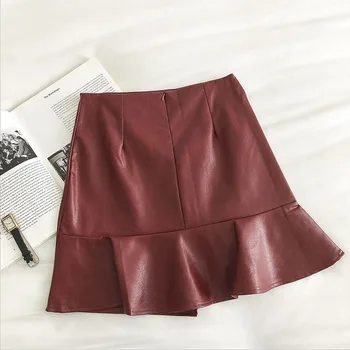 

Autumn Winter Women's Skirts Korean Style Solid Color Lotus Leaf Irregular Skirts New Fishtail Leather Skirt LL513