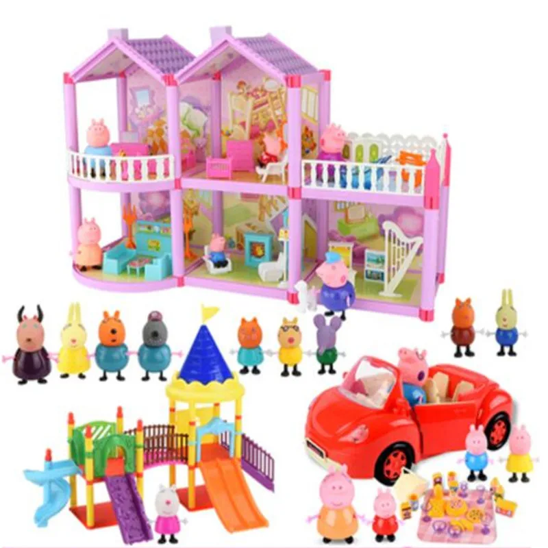 Luxury Diy Villa Sports Car Amusement Park Anime Kids Toys Cartoon Pig Family Animal Roles Action Figure Pvc Model Children Gift | Игрушки и