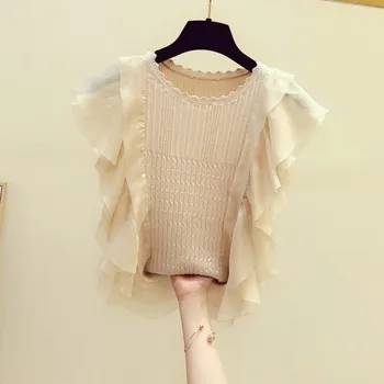 

ruffles solid women t-shirts 2020 summer new o-neck sleeveless solid slim lady elegant pulls tops tees top quality