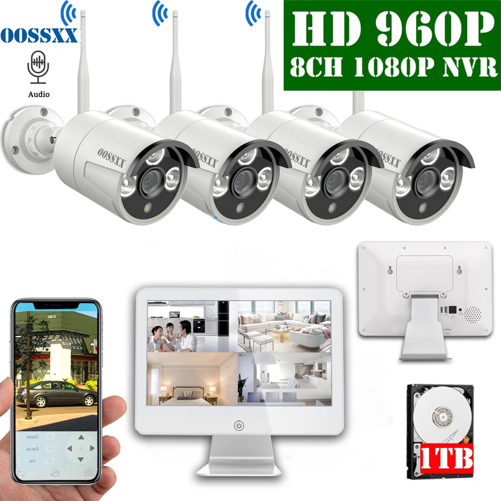 Беспроводная камера видеонаблюдения 8CH 1080P NVR 12 5 дюйма ЖК-монитор 4x960P 1 3 м IP аудио