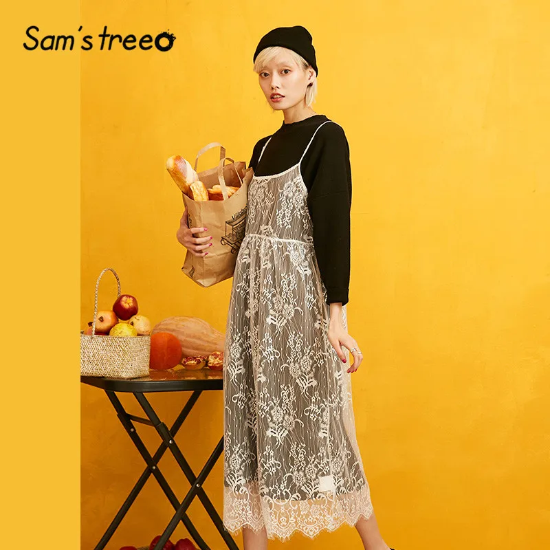SAM'S BOOM Zwart Effen Contrast Kant Gebreide Vrouwen Jurk 2019 Herfst Lange Mouw Tweedelige Sets Casual Office Dames Jurken SAM'S BOOM Zwart Effen Contrast Kant Gebreide Vrouwen Jurk 2019 Herfst Lange Mouw Tweedelige Sets Casual Office Dames Jurken