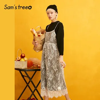 

SAM'S TREE Black Solid Contrast Lace Knitted Women Dress 2019 Autumn Long Sleeve Two Piece Sets Casual Office Ladies Dresses