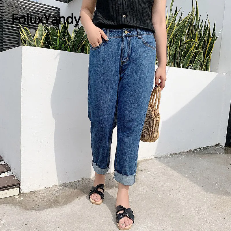 

Loose Straight Jeans Women Denim Trousers Casual Ankle-length Plus Size Jeans Blue OLL224