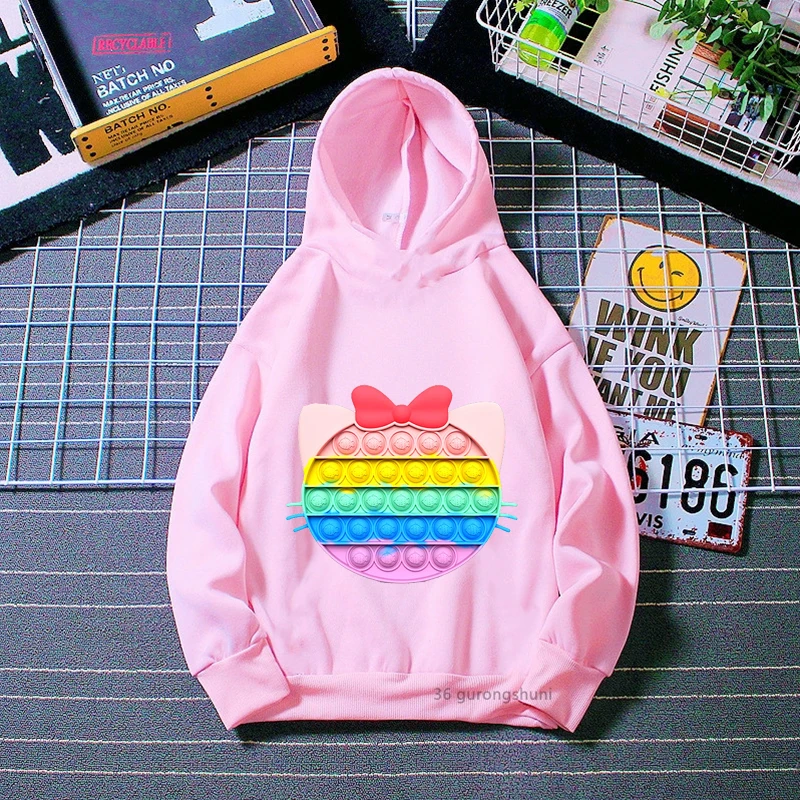 Rainbow Cat Bow Car Popit Print Pink Hoodies Girls/Boys Kawaii Kids Clothes Harajuku Fidget Toys Sweatshirt Winter/Spring Coat