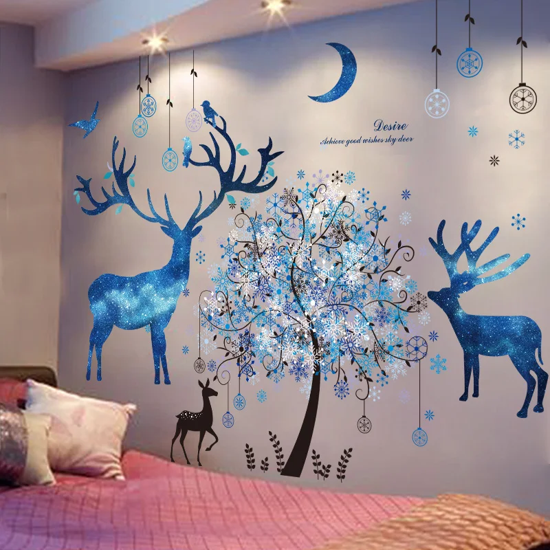 

[shijuekongjian] Moon Deer Animals Wall Sticker Vinyl DIY Tree Snowflakes Wall Decals for Living Room Sofa Background Decoration