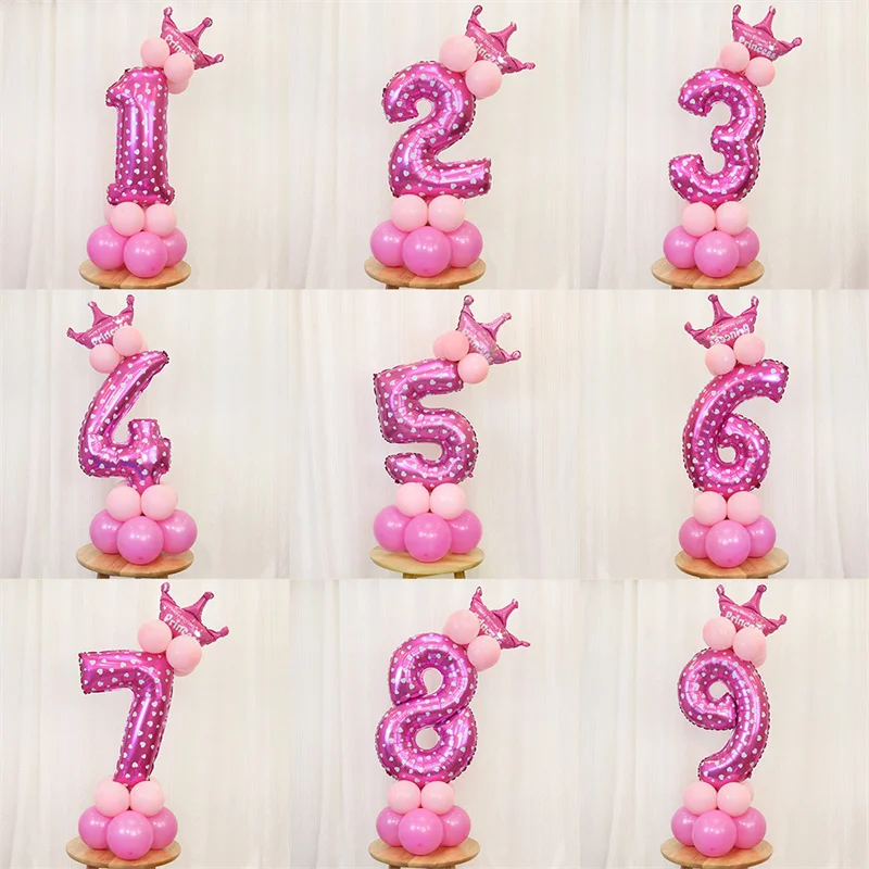 

17pcs Pink Heart Number Foil Balloons Crown Balloon Girl Princess Birthday Party Decorations Kids 1 2 3 4 5 6 7 8 9 Years Ballon