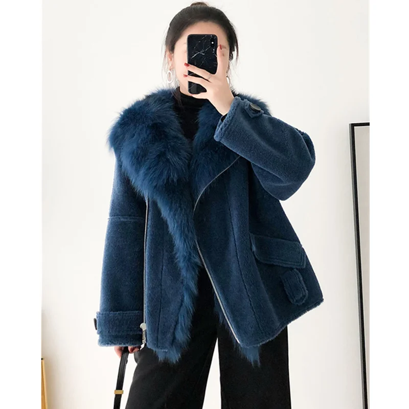 New Real Fur Coat Female Sheep Skin Sheep Fur Winter Jacket Female Fox Fur Collar Wool Coat Suede Leather Jacket - Цвет: Royal blue
