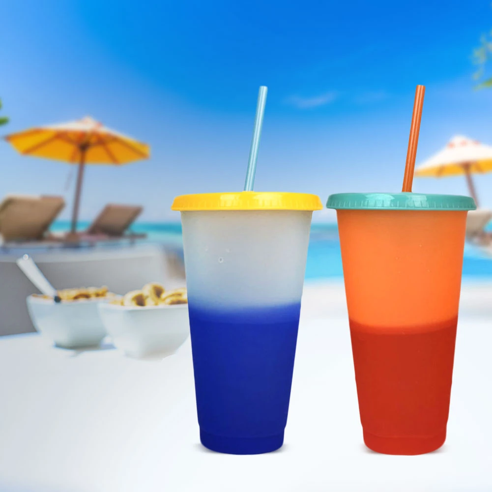 

Reusable Color Changing Cold Cups Summer Magic Plastic Coffee Mugs With Straws Creative Gift For Family Friend