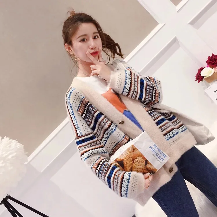 

2019 Autumn And Winter Thick Imitation Mink Cashmere Knitted Cardigan Women's Korean-style Loose-Fit Short Ethnic-Style Sweater