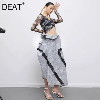 

DEAT 2020 new summer high waist ruffles asymmetrical striped contrast colors printed halfbody skirt elastic WM00802L
