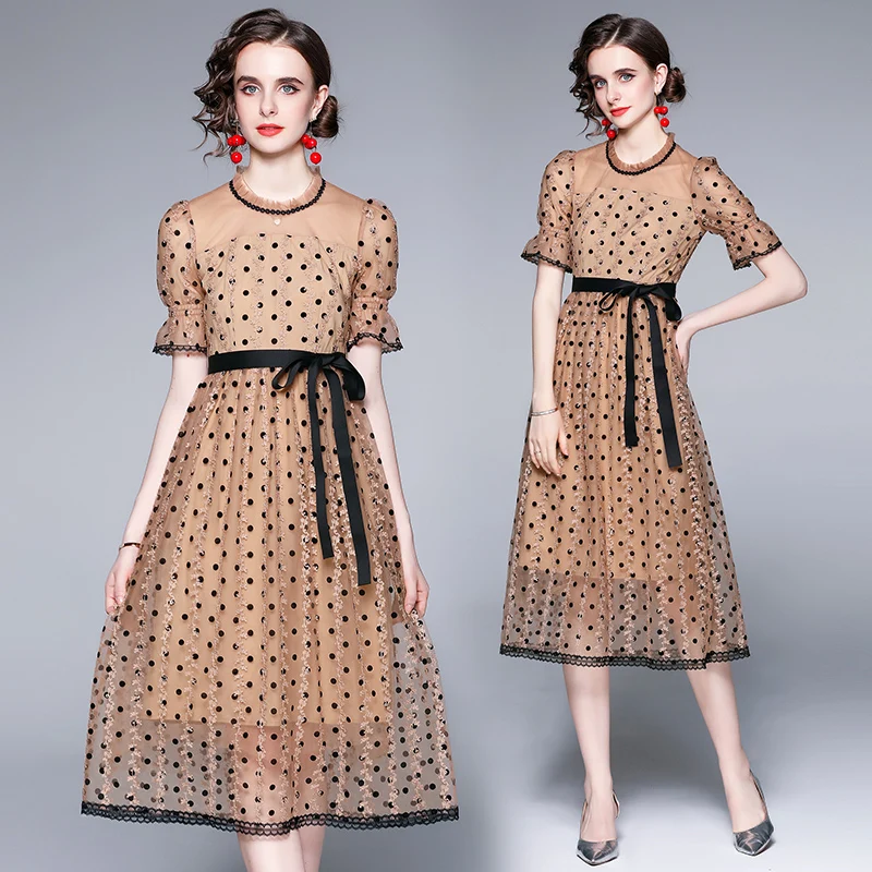 

2021 Summer New Style Women Dress Elegant Age Reducing Polka Dot Lace Mid Length Waist Lantern Sleeve DresS Belt Fashion