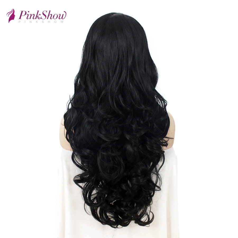 Pinkshow длинные черные парики на кружеве для женщин синтетические парики на кружеве натуральные волнистые бесклеевые термостойкие волокна