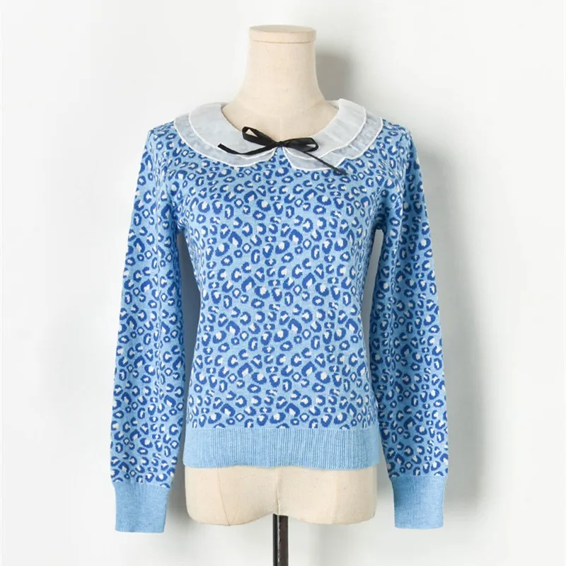 

Luxury Brand Designer Knitted Sweater for Women Leopard Print Patchwork Chiffon Doll Collar Long Sleeve Knitted Sweater Pullover