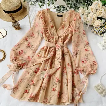 

Women's Dress Spring Summer New Cyber Celebrity Elegant Ins Puff Sleeve Ruffled V-neck Bow Lacing Floral Chiffon Dress ML865