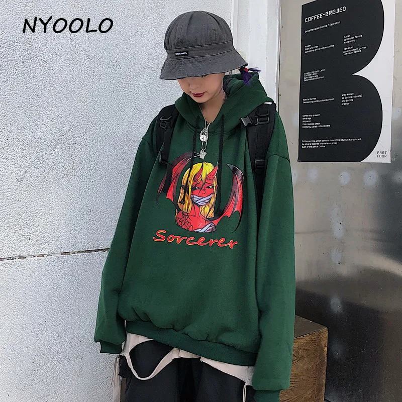 NYOOLO Harajuku, уличная одежда, с принтом ведьмы, теплые толстовки, Осень-зима, свободные, с капюшоном, плюс бархат, пуловер, Толстовка для женщин и мужчин