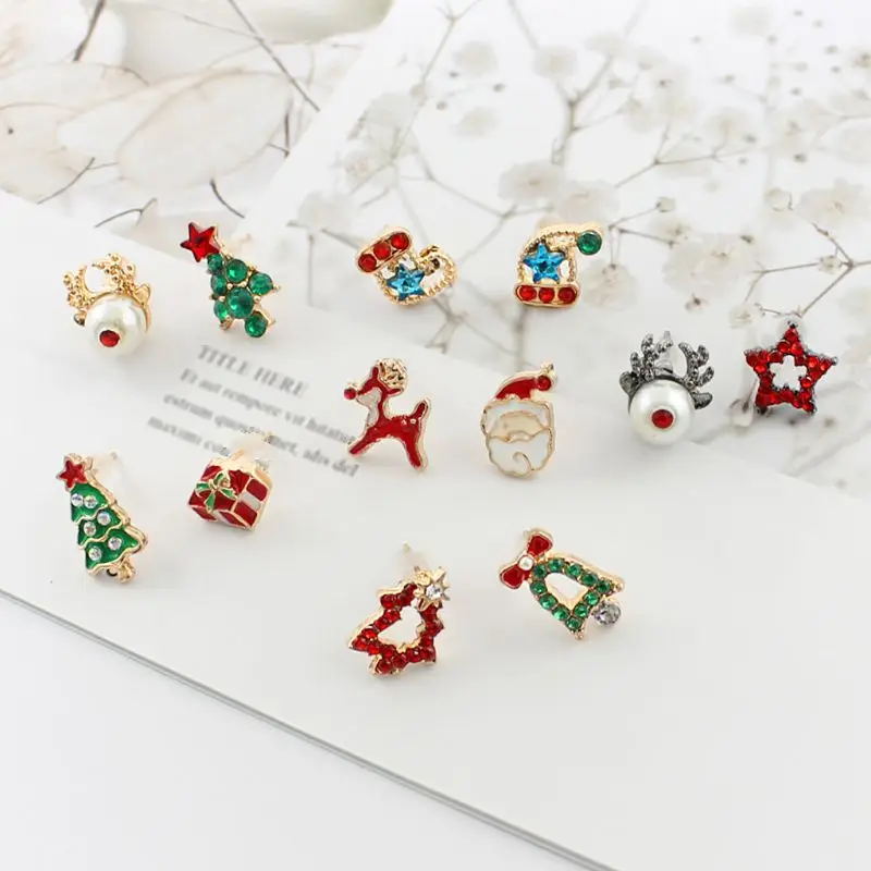 

6 Pairs Christmas Stud Earrings Snowflake Santa Claus Christmas Tree Earring Kit